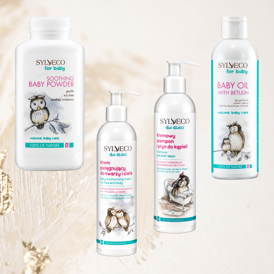Box Baby – Kremowy szampon i żel do mycia + Kojący puder + Krem pielęgnacyjny + Olejek do ciała